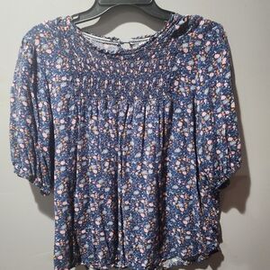 Knox Rose Navy Floral Smocked Short Sleeve Blouse